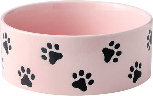 6.5 Inch Pastel Pink Ceramic Dog Bowl with Paw Print Pattern - Porcelain Wide Mouth Dog Food or Water Bowls, Large Feeding Pet Bowls for Indoor Medium Sized Dogs, for Wet or Dry Food