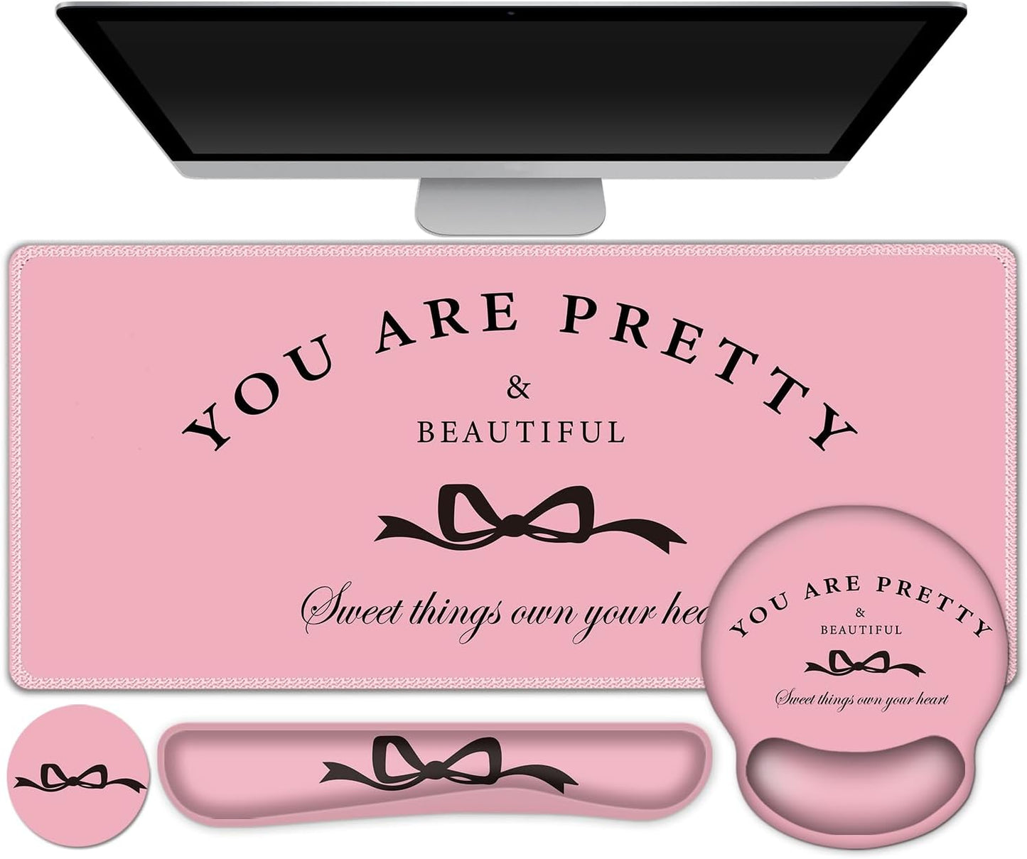 Gaming Mouse Pad, Large Desk Mat, Cute Desk Pad Protector, 4in1 XXL Mousepad + Keyboard Wrist Rest+Mouse Wrist Rest+Coaster Set with Ergonomic Desk Pad for Home Office Table Computer, Pink Pretty Bow