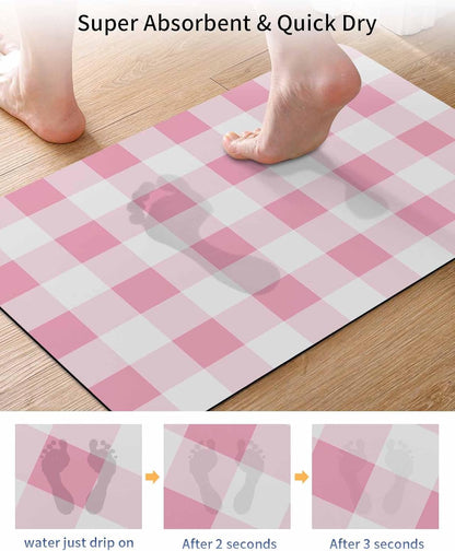 Bath Mat Absorbent Bathroom Rug,Pink Gradient Buffalo Check Non Slip Quick Dry Bath Rugs Diatomite Stone Shower Mat,Modern Geometric Grid Washable Doormat Kitchen Mats