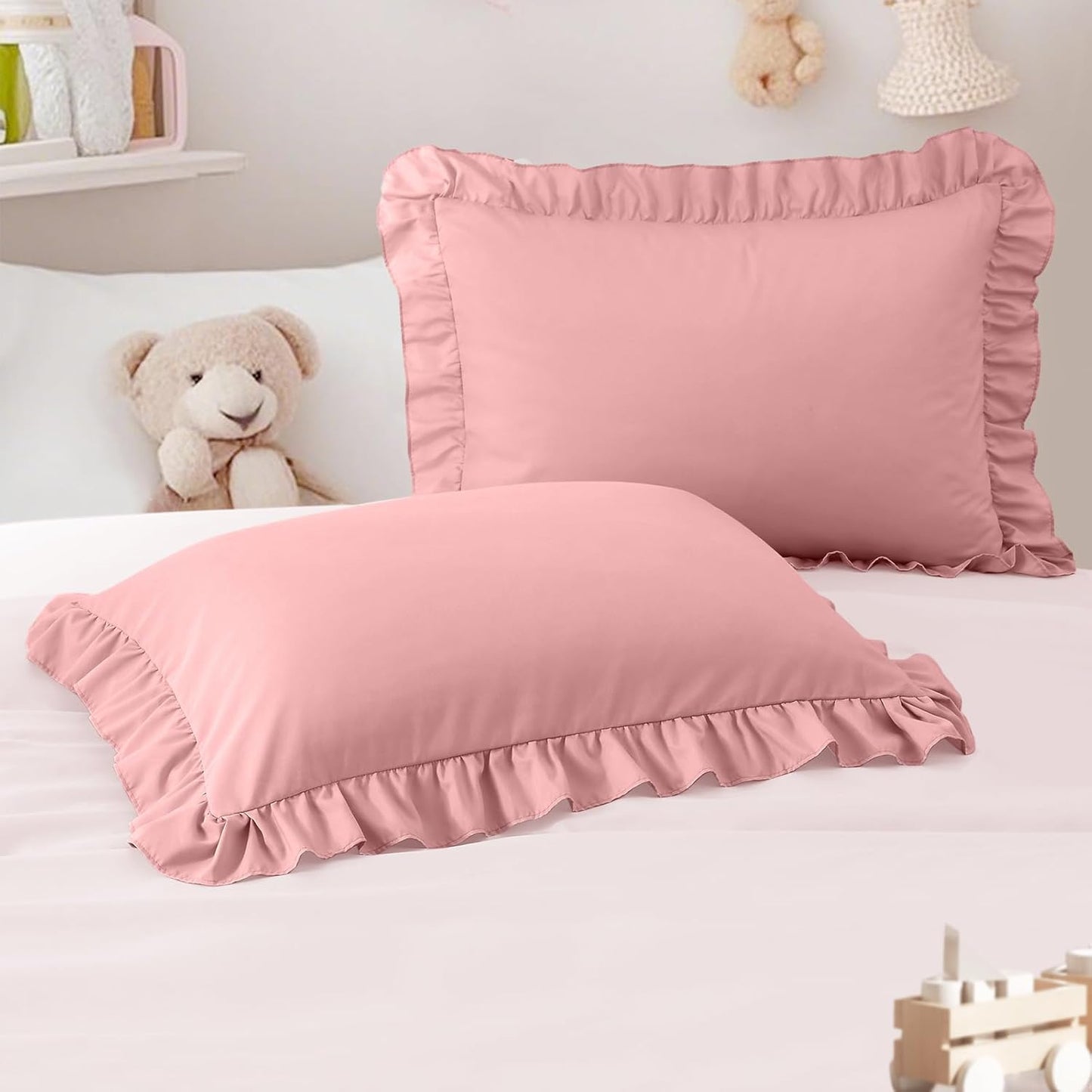 13"x18" Toddler Pillow Cases Set of 2, Light Pink Ruffled Pillow Shams Brushed Microfiber Nursery Pillow Cover for Boys Girls, Soft Breathable Machine Washable