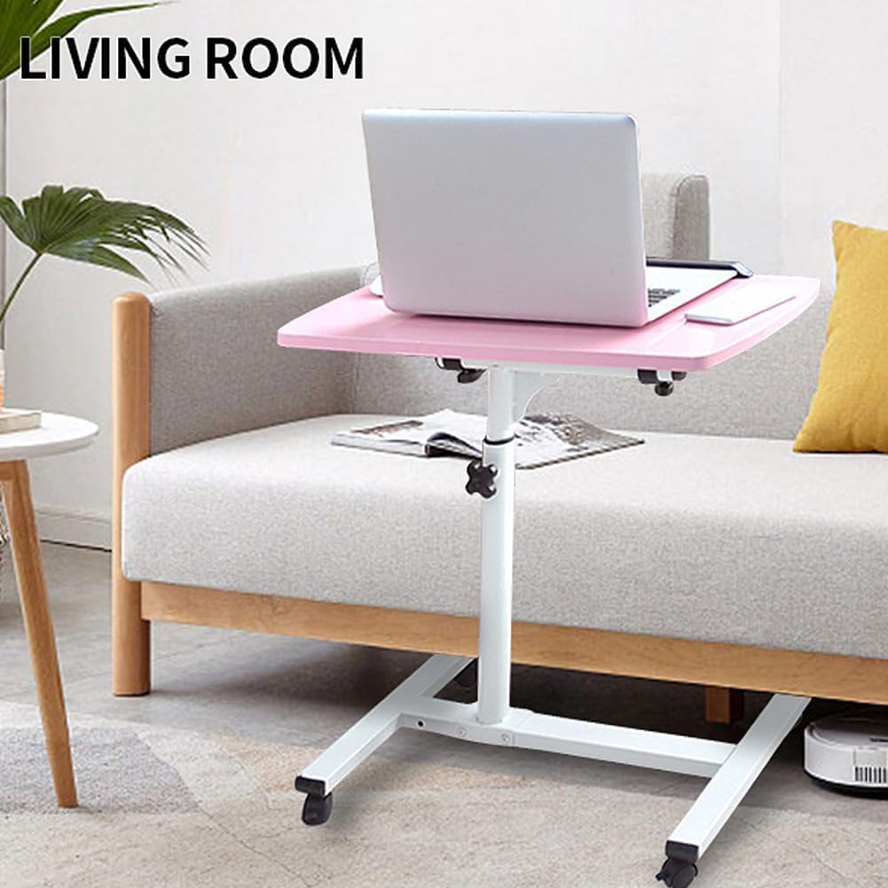 Pink Standing Desk Rolling Adjustable Angle & Height Laptop Desk with Wheels Small Computer Cart Over Bed Table Mobile Laptop Table for Home Office