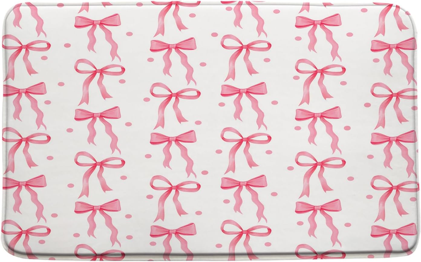 Cute Bow Bath Mat Pink Bownot Aesthetic Modern Bathroom Mat Rug Memory Foam Doormat，17.8x29.5 Inch