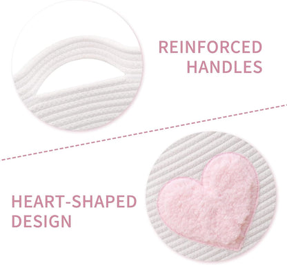 Large Cotton Rope Basket, Woven Storage Basket for Toy, Laundry and Blanket Organizer Basket, Round Hamper Basket with Handles for Kid's Room 17.7"x16.9" (Pink Heart)