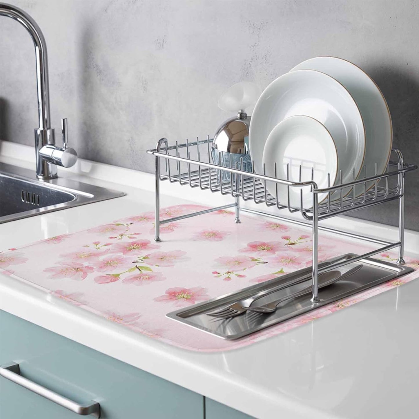 Pink Floral Dish Drying Mat for Kitchen Counter Modern Farmhouse Aesthetic Shabby Chic Flower Baby Microfiber Drying Pad, Absorbent Coffee Cup Dishes Drainer Mats 18"x24", 1 Pcs