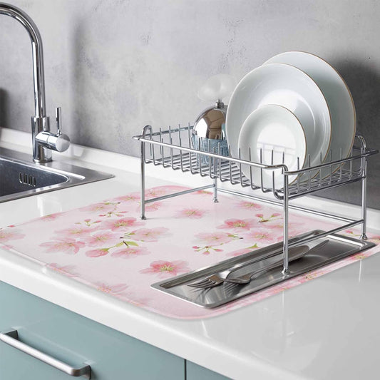 Pink Floral Dish Drying Mat for Kitchen Counter Modern Farmhouse Aesthetic Shabby Chic Flower Baby Microfiber Drying Pad, Absorbent Coffee Cup Dishes Drainer Mats 18"x24", 1 Pcs