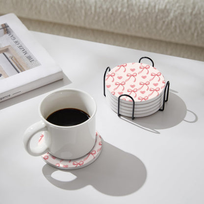 6Pcs Ceramic Coasters with Holder, Absorbent Drink Coasters, Coffee Cup Coaster,Round Ceramic Table Coasters Set Decorative Pink Bow