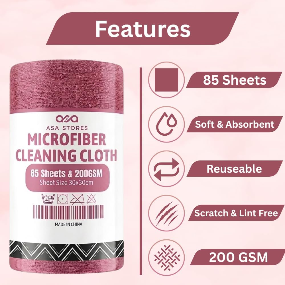 ASA Stores Microfiber Cleaning Cloth Roll – 85 Sheets, 200 GSM Reusable Paper Towels Roll, Absorbent Microfiber Towel Roll for Kitchen, Dishes & Home Cleaning – Pink