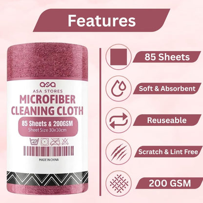 ASA Stores Microfiber Cleaning Cloth Roll – 85 Sheets, 200 GSM Reusable Paper Towels Roll, Absorbent Microfiber Towel Roll for Kitchen, Dishes & Home Cleaning – Pink