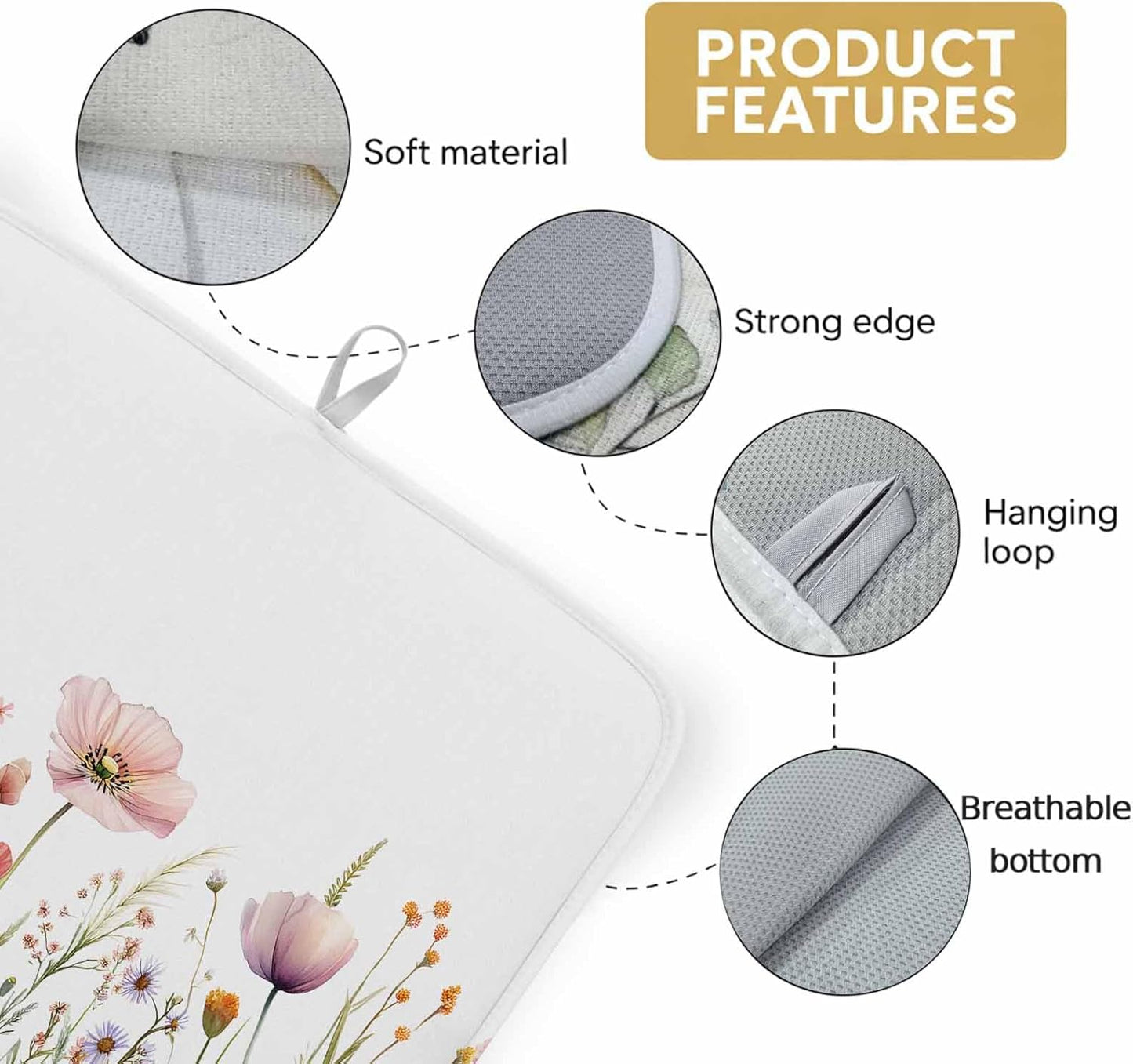 Light Pink Dish Drying Mat 1 Pack, Floral Rustic Wildflower Leaf Spring Blossom Absorbent Heat Insulating Kitchen Drying Pad Drainer Mats for Sink Counter Dishes 18 X 24 Inch