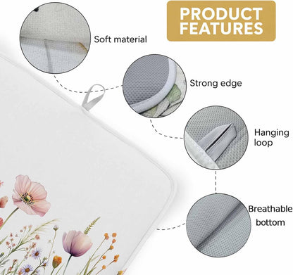 Light Pink Dish Drying Mat 1 Pack, Floral Rustic Wildflower Leaf Spring Blossom Absorbent Heat Insulating Kitchen Drying Pad Drainer Mats for Sink Counter Dishes 18 X 24 Inch