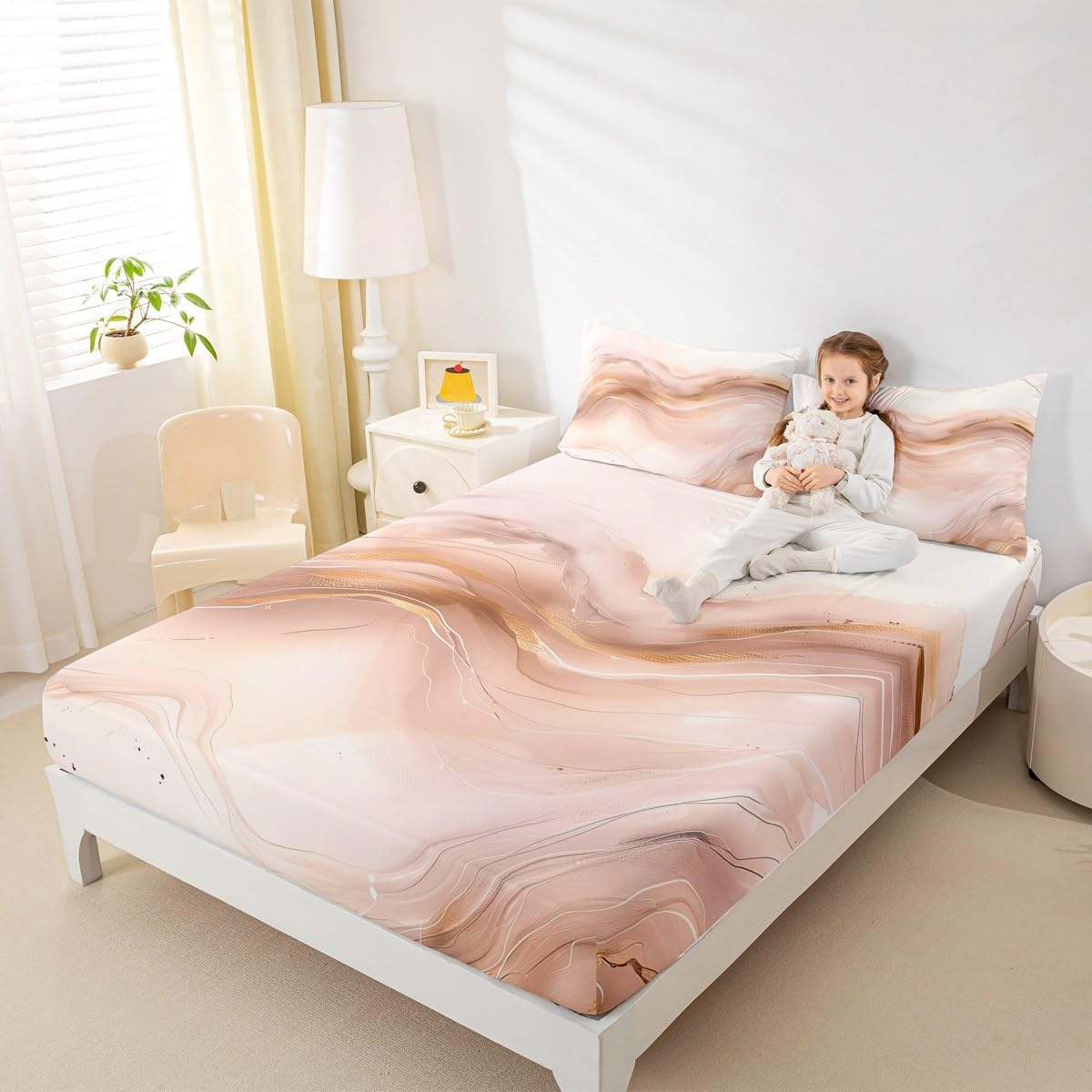 Erosebridal Marbling Fitted Sheet for Boys Girls Kids Peach Pink Marble Queen Bed Sheets,Watercolor Ink Paintings Sheets Abstract Texture Bedding Sets, No Top Sheet