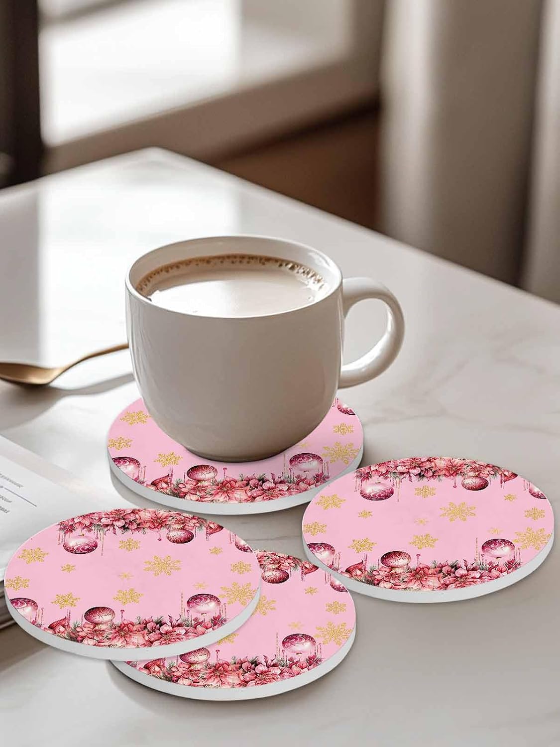 Christmas Flowers Coaster Set of 4 Light Ball Winter Snowflake Pink Drink Coasters with Holder Absorbent Ceramic Coaster for Table Dining Cup Mat for Kitche Cafe Bar Warming Gifts 4 Inches