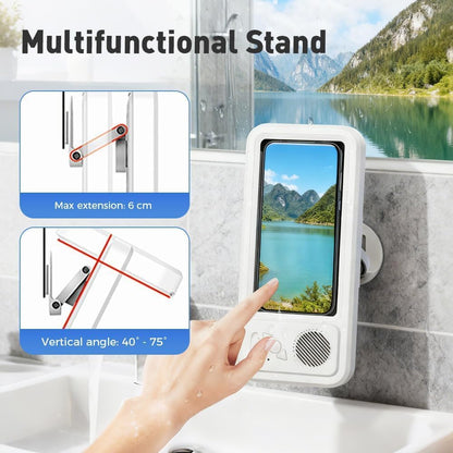 RTENBUAN Shower Phone Holder Waterproof with Wireless Bluetooth Speaker, Hands-Free Shower Phone Holder for Any Phone, Wall Mounted Phoneholder for Bathroom Mirror (Pink)