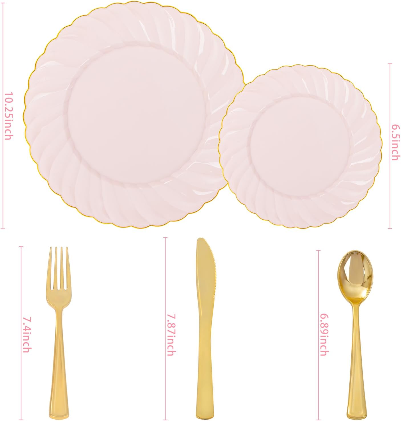 YOUBET 125Pcs Pink Plastic Plates with Gold Rim - Scalloped Plastic Plates Set Includes 25 Dinner, 25 Dessert Plate, 75 Gold Silverware for 25 Guests for Wedding Birthday Baby Shower