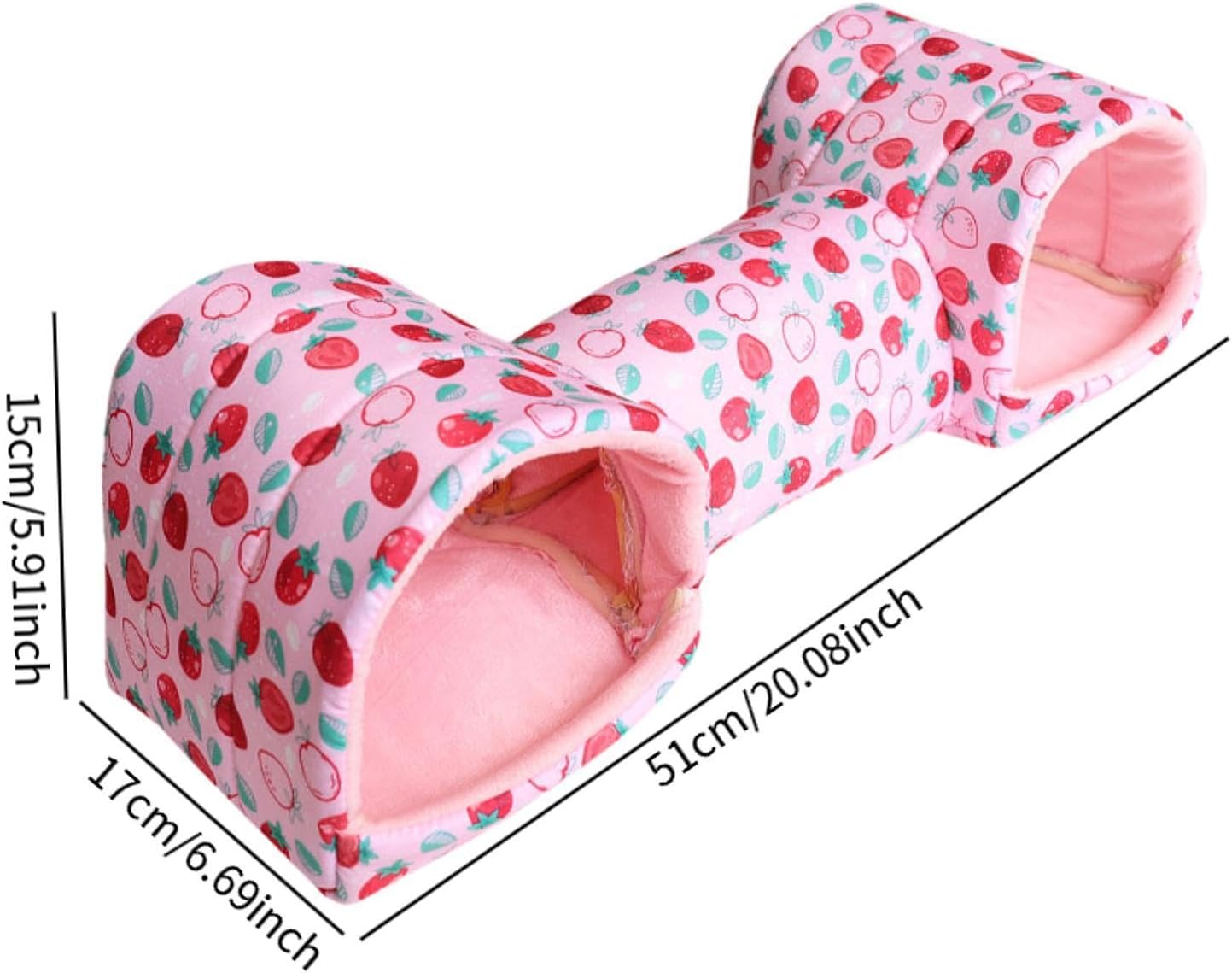 Hamster Tunnel Bed Hideout, Polyester Small Pet Cave for Guinea Pigs, Mice, Chinchillas and Dwarf Rabbits, Pink Strawberry