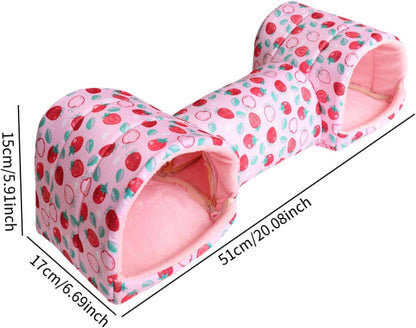 Hamster Tunnel Bed Hideout, Polyester Small Pet Cave for Guinea Pigs, Mice, Chinchillas and Dwarf Rabbits, Pink Strawberry
