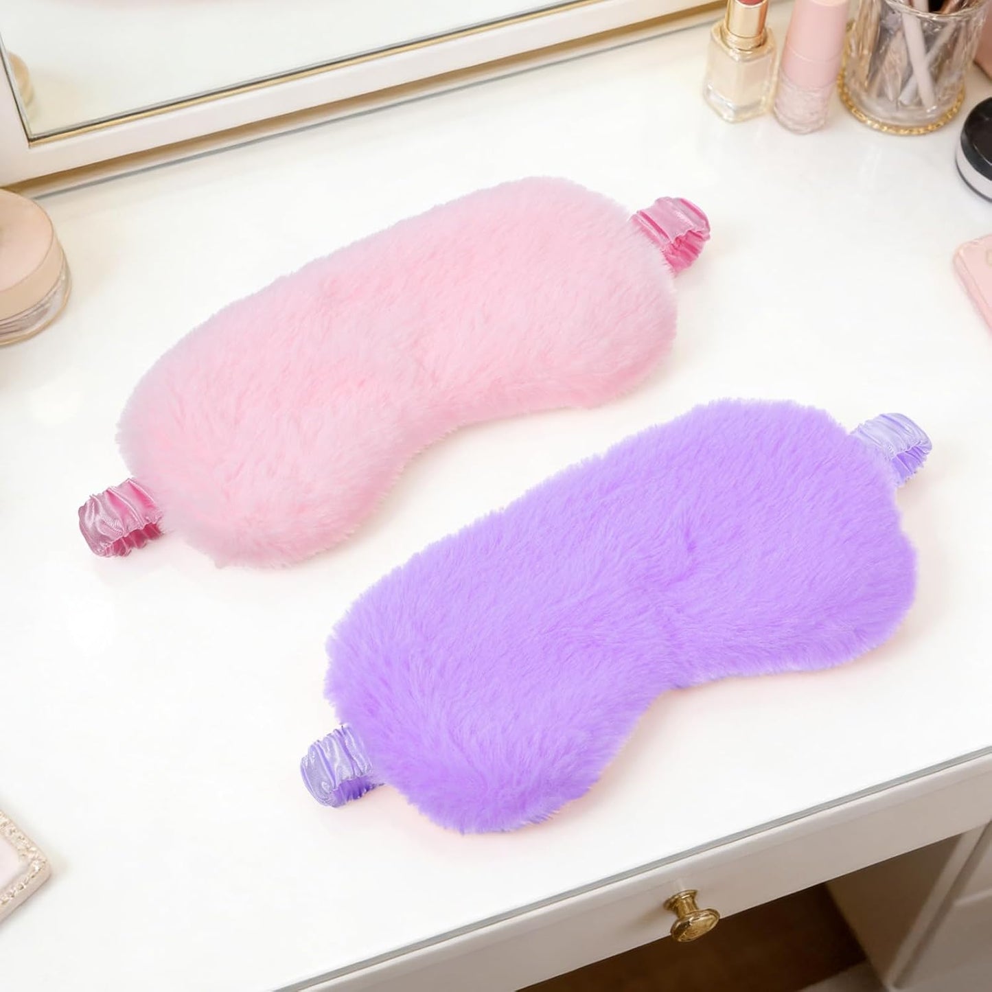 2 Pcs Plush Eye Mask, Cute Soft Fluffy Sleeping Blindfold Eye Cover Comfortable Satin Back New Faux Fur Nap Eyes Cover for Men Women Plane, Game, Travel Nap (Pink, Purple)