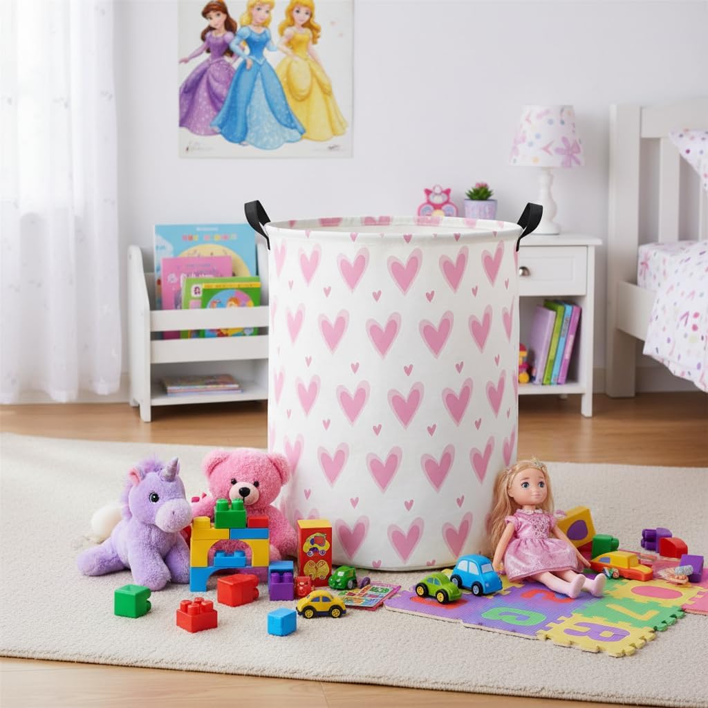 Baby Laundry Basket Baby Hamper for Nursery Girl Kids Butterfly Hamper Cute Kids Toys Storage Bin Organizer Butterfly Room Decor for Home(Pink Hearts)