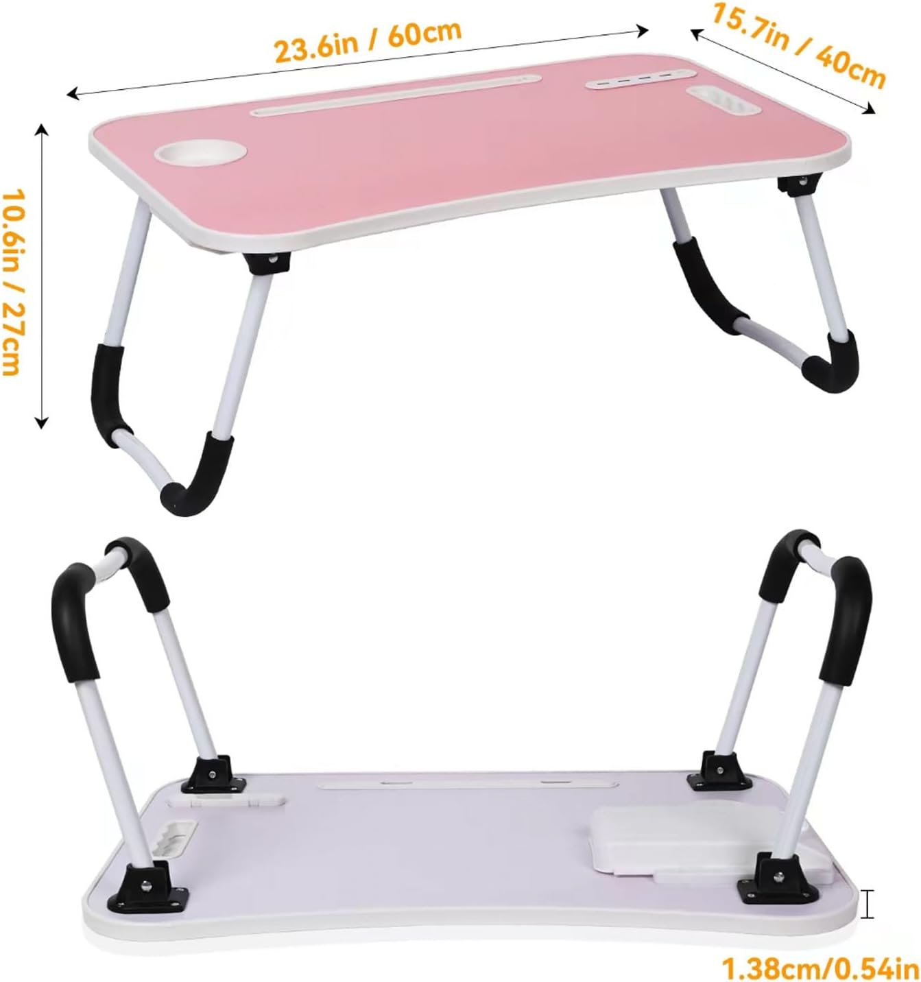 Foldable Laptop Table for Bed - Portable Adjustable Desk with Cup Holder,USB Charging Ports & Storage Drawer - Multi-Function Laptop Tray for Sofa,Floor & Outdoor Use (Pink)