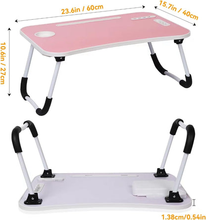 Foldable Laptop Table for Bed - Portable Adjustable Desk with Cup Holder,USB Charging Ports & Storage Drawer - Multi-Function Laptop Tray for Sofa,Floor & Outdoor Use (Pink)