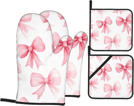 Pink Bow 4pcs Oven Mitts and Potholders BBQ Gloves，Non-Slip Heat Resistant for Kitchen,Cooking,Baking