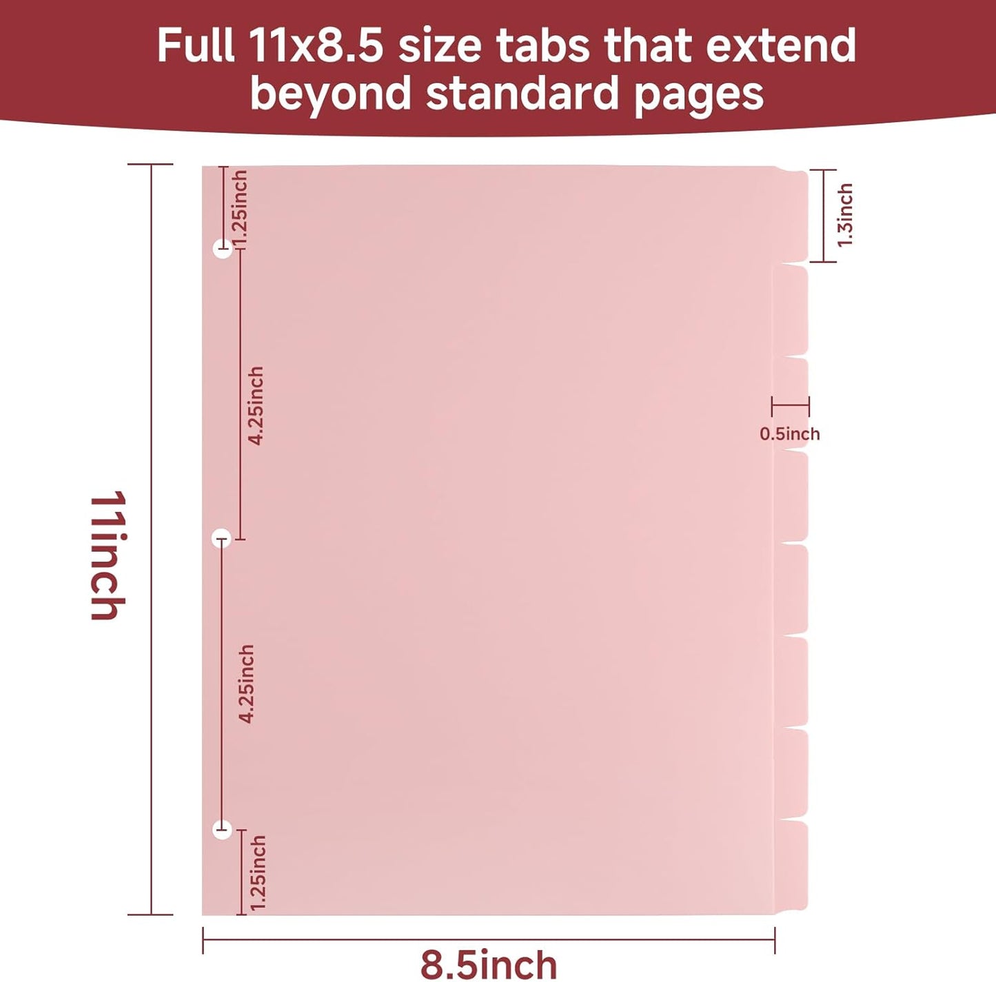 Pink 8-Set Binders Dividers with Tabs, 3-Hole Punch Folder Dividers, Extra Wide 1.3" Writable Index Tabs for College Students, Teachers, Home Office Organization, 8.5x11 Inches Fits Letter Size