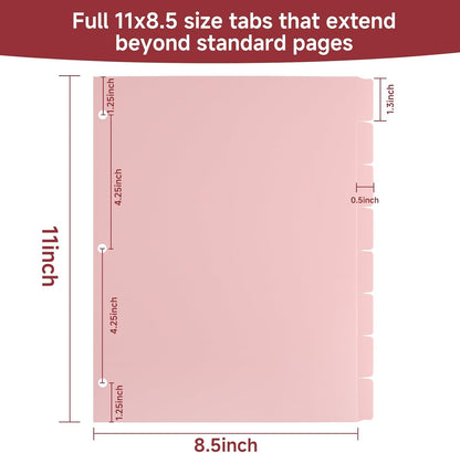 Pink 8-Set Binders Dividers with Tabs, 3-Hole Punch Folder Dividers, Extra Wide 1.3" Writable Index Tabs for College Students, Teachers, Home Office Organization, 8.5x11 Inches Fits Letter Size