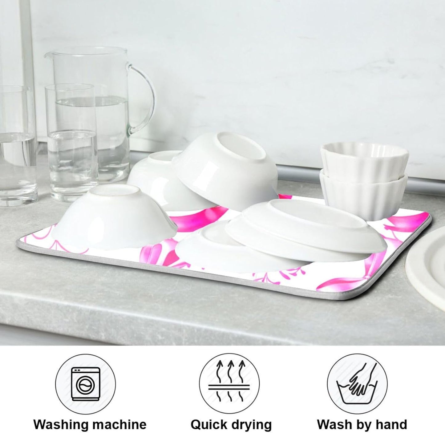 Qilmy Pink Silver Ribbons Bow Dish Drying Mat Absorbent Reversible Dish Drainer Pad Tableware Mat for Kitchen Counter Home Decoration, 16 x 18 Inch