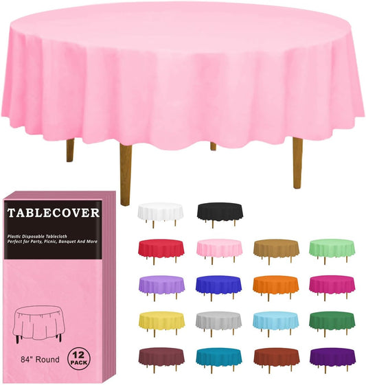 D&Z Plastic Table Cloth Disposable, 12 Pack Pink Round Tablecloth Individually Wrapped for Indoor&Outdoor, 84 Inch Table Cover for Valentine's Day, Party, Mother's Day, Birthday, Wedding & Dinner