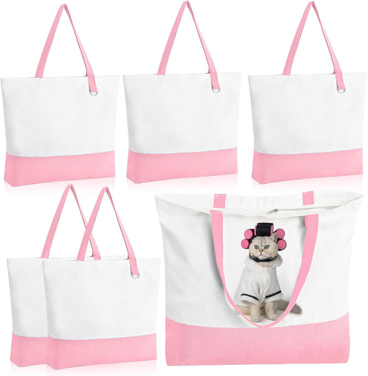 6 Pack Canvas Tote Bags with Zipper, Blank Reusable Grocery Bags, Widened Washable Bag with Inner Pocket, Shopping Travel Large Tote Bags for DIY Heat Transfer, Christmas Craft Gift (Pink/White)