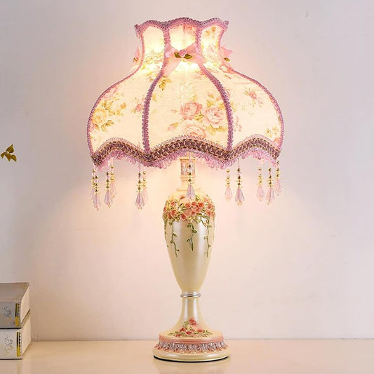 Victorian Style Floral Table Lamp,Decorative Pink Table Light with Fabric Shade & Beaded Fringe,Vintage Pastoral Nightstand Light for Bedroom Livingroom