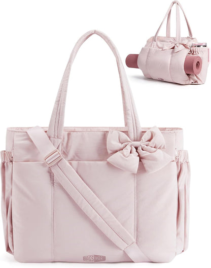 BAGSMART Crush Bow Tote Bag for Women, Puffer Travel Work Yoga Laptop Bag | Large Bow Tote Fits 40oz Tumbler, 15.6" Laptop, Yoga Mat Sleeve, Waterproof Pocket, Travel Work Swim Gym Mom Shoulder Handbag
