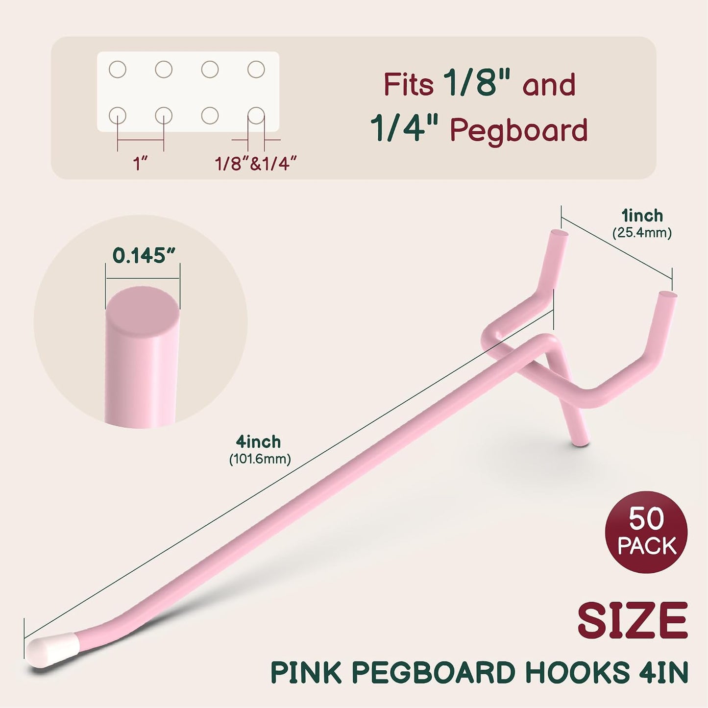 50-Pack Pink Pegboard Hooks 4 Inch - Fits 1/8 and 1/4 Inch Boards | Decorative Metal Peg Board Hangers with Rubber Safety Tips - Heavy Duty Organizer for Craft Room, Garage & Retail Display