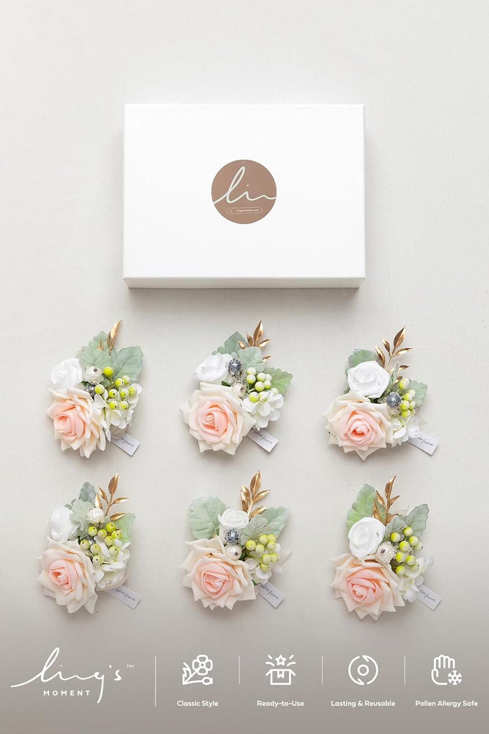Ling's moment 6pcs Wedding Wrist Corsage Artificial Flowers, Girl/Mother Homecoming Prom Corsages Wristlet Décor, etc. Peach Pink