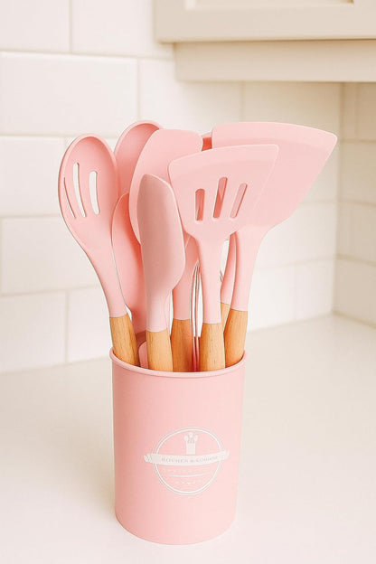 12-Piece Silicone Kitchen Utensil Set: Heat resistant up to 446°F. Includes Turner, Tongs, Spatula, Spoon, Brush, Whisk, Wooden Handles, Holder for Nonstick Cookware. (Pink), Medium