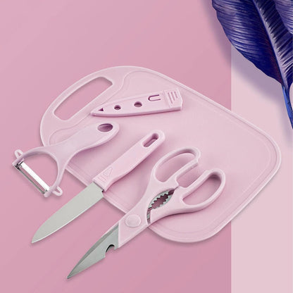Magicorange Travel Cutting Board Set, 4 Pcs Portable Mini Camping Plastic Cutting Board Set & Stainless Steel Knife with Sheath, Fruits & Vegetable Peeler Scissors (Pink)