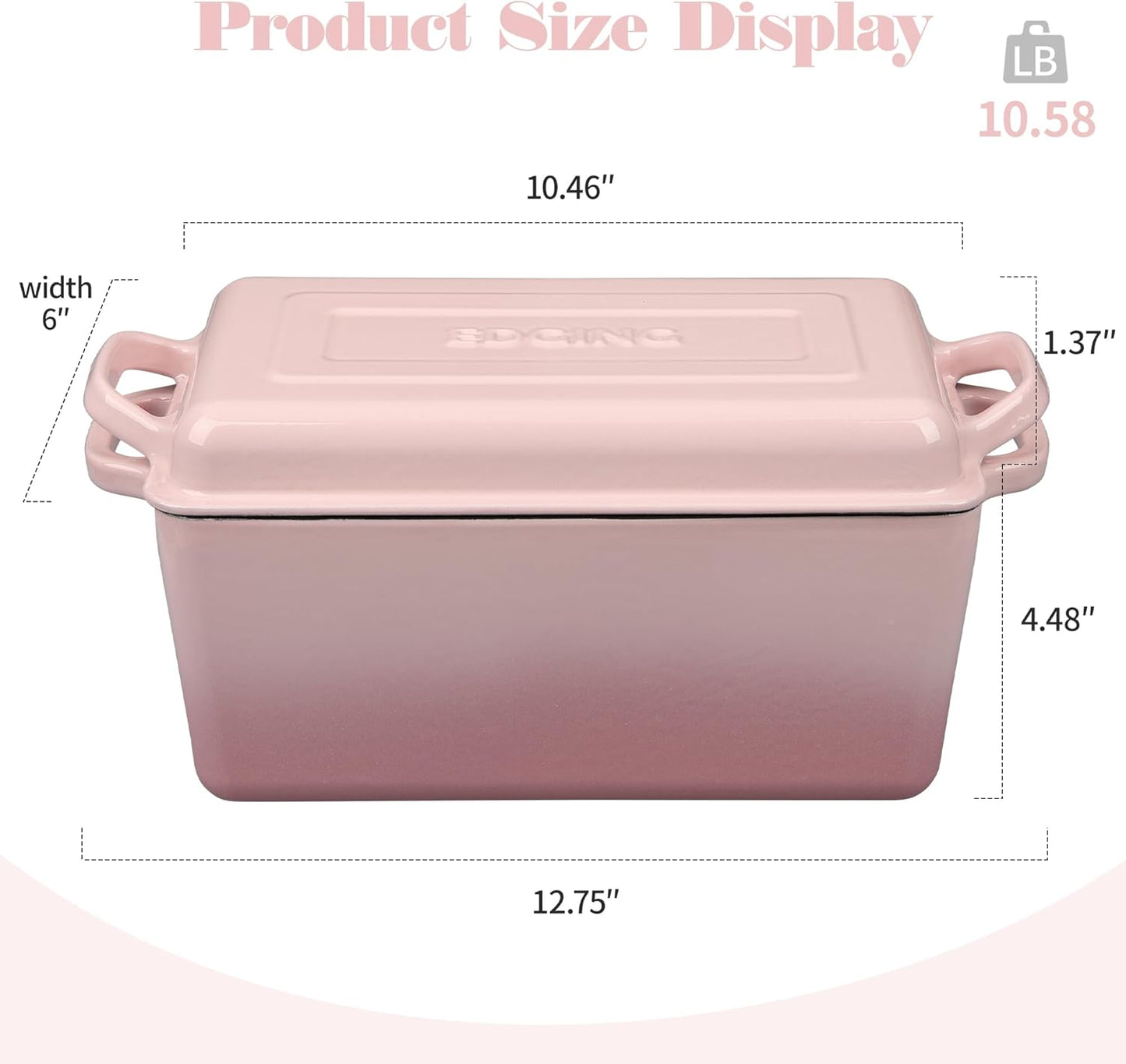 EDGING CASTING Enameled Cast Iron Dutch Oven, Oblong Bread Oven for Sourdough Bread Baking, Baking Pan, Dual Handles, Oven Safe, 4 Quart, Pink