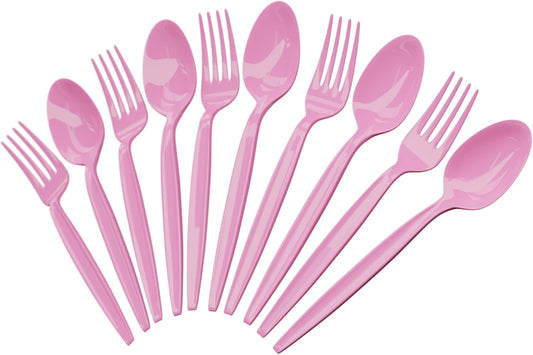 Light Pink Plastic Spoons and Fork (24 Each) - Light Pink Colored Cutlery Set for Any Birthday Party, Baby Shower, Bridal Shower, Princess Theme, Durable Heavy Duty Plasticware, Disposable Utensils