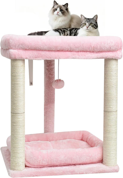 SYANDLVY Small Cat Tree for Indoor Cats with 2 Levels Perch Platforms, Natural Sisal Scratching Post Tower with Hanging Bell Ball & Anti-Tip Strap, Stable Cat Perch Furniture for Kittens, Pink