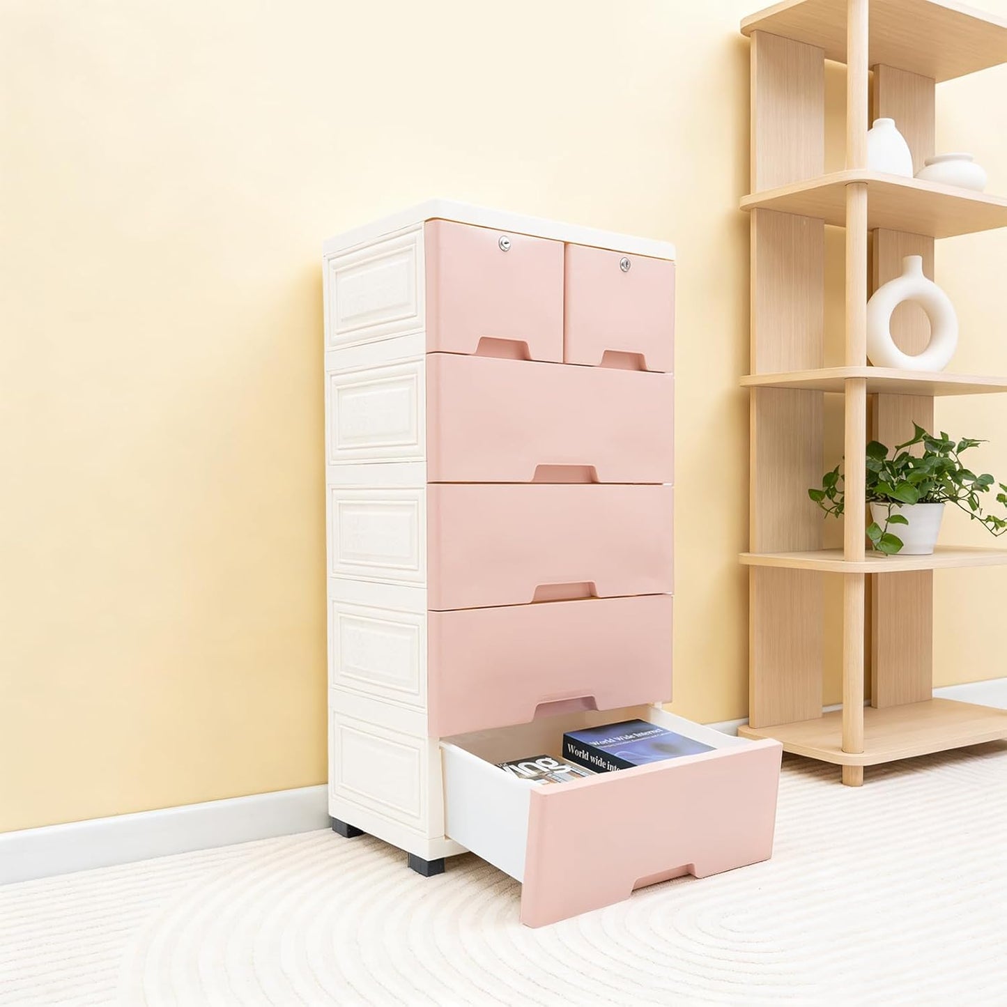 5-Layer 6-Drawer Rolling Storage Cabinet, Pink White PP Dresser with Lock, Modern Organizer, Mobile Clothes Bin with Wheels, Large Capacity, Anti-Slip, Easy Install for Bedroom