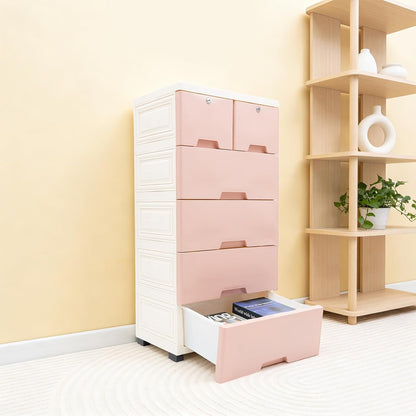 5-Layer 6-Drawer Rolling Storage Cabinet, Pink White PP Dresser with Lock, Modern Organizer, Mobile Clothes Bin with Wheels, Large Capacity, Anti-Slip, Easy Install for Bedroom