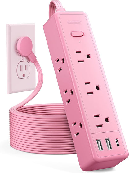 Pink Power Strip, NTONPOWER Power Strip Flat Extension Cord 15FT, 9 Outlets 3 USB Ports(1 USB C), Wall Mount, 1080J, Multiple Outlets for Home, Dorm, Vanity Desk, Nightstand,Women