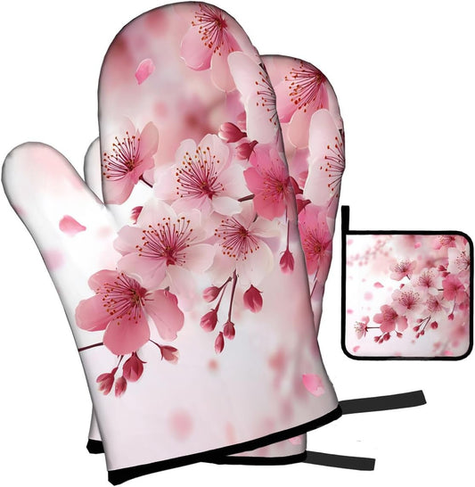 LOKMU Oven Mitts and Pot Holders Set of 3, Watercolor Pink Cherry Blossoms Flowers Heat Resistant Kitchen Gloves Hot Pads for Cooking Baking BBQ, Kitchen Decor Gifts for Cooking Lover Cooks