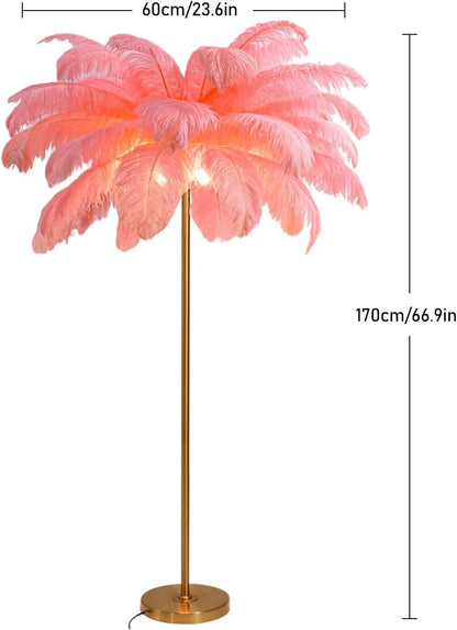 Modern Feather Floor Lamp with 48 Ostrich Feathers, 3-Temperature Dimmable Bulbs - Bedside Reading Light for Girls Bedroom Decor,Bean Paste,Large