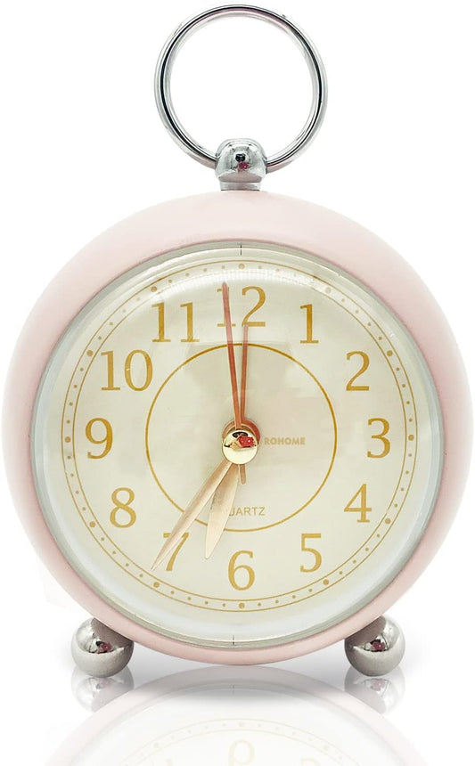 Rohome Vintage Small Alarm Clock with Night Light, Pink, Quartz Movement, Battery Operated, Non-Ticking, Decorative, for Bedside Table, Desk, Kitchen, Bedroom