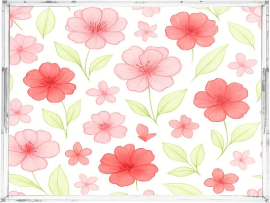 Watercolor Flowers Pink Serving Tray 12" x 16" Acrylic Trays with Handles Decorative Serving Platter for Coffee, Breakfast in Bed, Dinner, Appetizers, Patio, Party