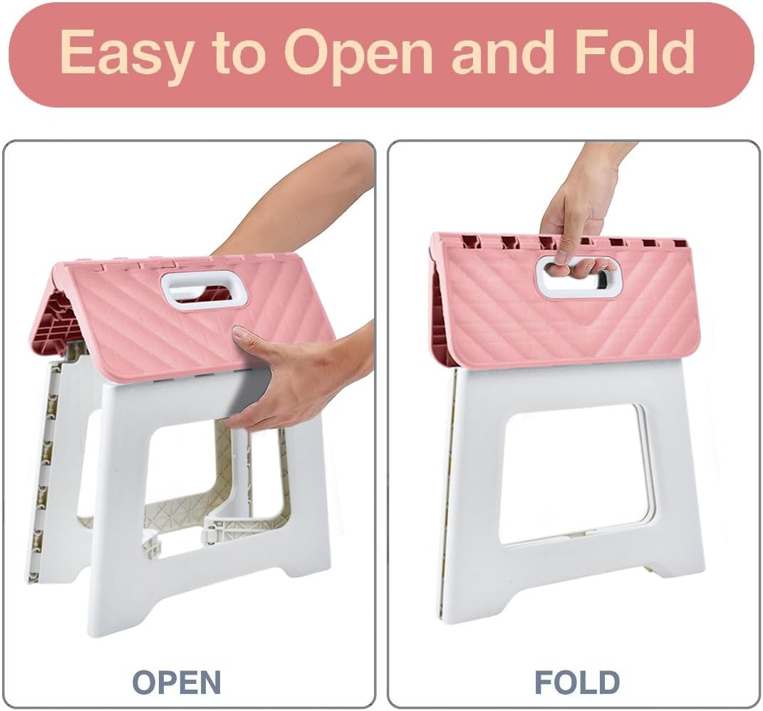 Folding Step Stool, Bathroom Stool, Plastic Pink Stepping Stool for Living Room, Compact Fold Up Step Stool, Small Kitchen Foot Stool