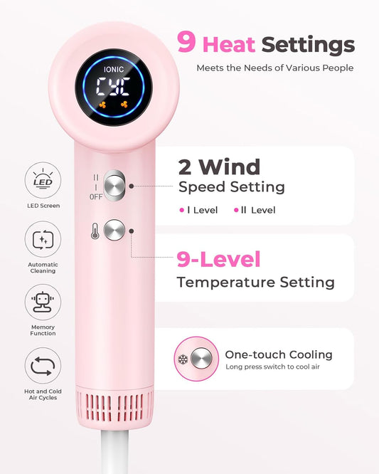 Hair Dryer - 160,000 RPM Ionic Blow Dryer - High Speed Fast Drying Professional Hairdryer for Smooth, 9 Temps Set for Women, 500 Million Negative Ions, Lightweight 0.8lb for Travel, Auto Clean