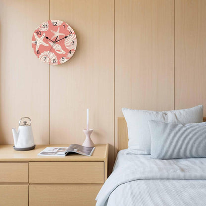 Ocean Coastal Wall Clocks Battery Operated Shells Starfish Conch Coral Red Linen Large Wall Clock for Bedroom Kitchen Living Room Bathroom Decorative 10"x10"