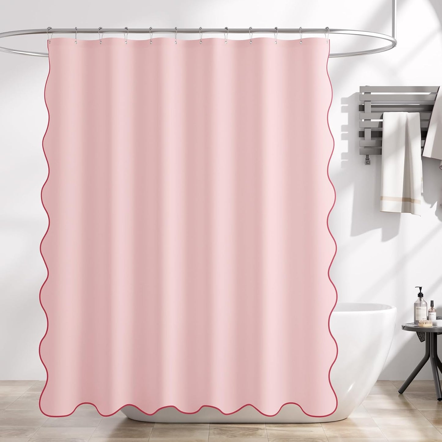 Bathway Pink Scalloped Shower Curtain with 12 Metal Hooks, Cute Heavy Duty Washable Curtains for Bathroom Hotel Bathtub, Water Repellent, 72 x 72 Inches